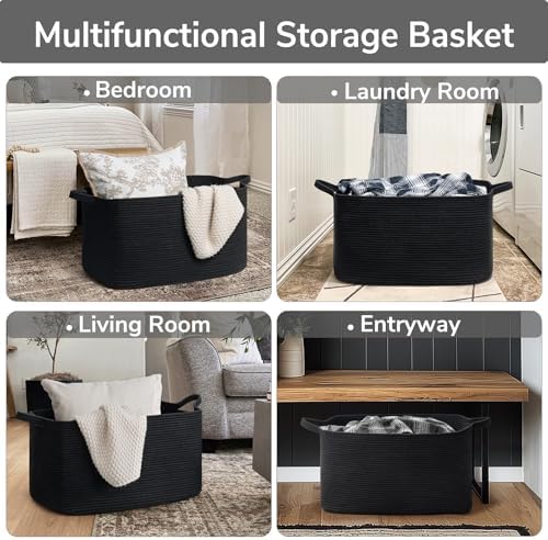 Goodpick Large Woven Rope Blanket Basket, Rectangle, Black, 75L - Image 4