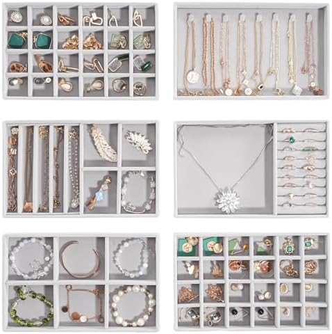 ProCase Stackable Jewelry Organizer Trays for Drawers, Jewelry Drawer Inserts Container Display Case Storage for Earring Necklace Rings Bracelet with Removable Dividers -Grey, 6 Layers by ProCase