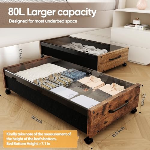 KITHELP Wooden Under Bed Storage with Wheels, 80L Extra-large Rolling Under the Bed Storage Bins 2 Pack with Removable Lid, Upgrade Metal Under Bed Drawers for Clothes Shoes Blankets in Bedroom - Image 3
