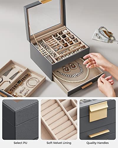 SONGMICS Jewelry Box Organizer, 3-Layer Storage with 2 Drawers, Glass Lid - Image 5