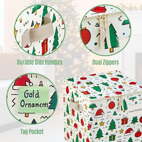 VENO 2 Pack Christmas Ornament Storage Box, Holiday Ornament Organizer with Adjustable Dividers, Sturdy Storage Containers for 64 Ornaments, Zippered Lid & Handles, 3" Cube (Jingle Mix) - Image 5