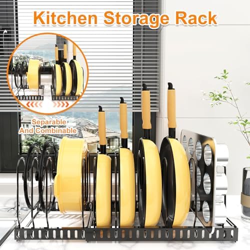 Pot and Pan Organizer Rack for Cabinet, 3 Expandable Pot Lid Organizer Holder with 12 Adjustable Compartment for Kitchen Cutting Board, Pan Lid, Cabinet Cookware Baking - Image 2