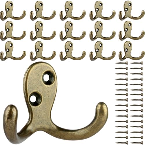 IBosins 16 Pack Antique Brass Double Prong Coat Hooks for Coat, Scarf, Bag by IBosins