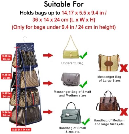 Lirex Handbag Hanging Purse Organizer for Closet, 8 Pocket Handbag Storage Organizer Hanger Oxford Cloth Closet Organizer for Family Closet Bedroom, Foldable and Universal Fit, Blue White Floral - Image 3