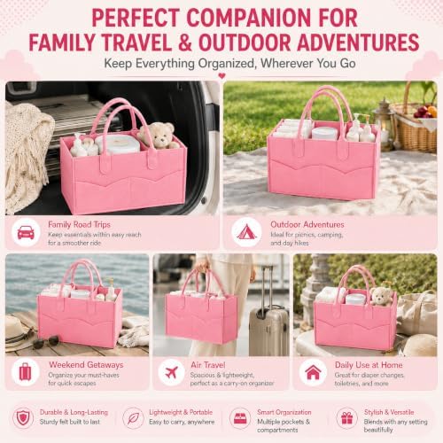 PandaEar Baby Diaper Caddy Organizer, Portable Diaper Holder Organizer Nursery Storage Basket for Wipes & baby stuff, Collapsible Baby Organizer with Divided Design (Light Pink) - Image 5