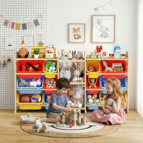 Toy Storage Organizer with Stuffed Animal Storage, 66.1"W Multi Color, 2-Shelf Bookcase / Bookshelf with 12 Toy Bins, Large Toy Organizers and Storage, Toy Box for Playrooms, Bedrooms Organization - Image 2