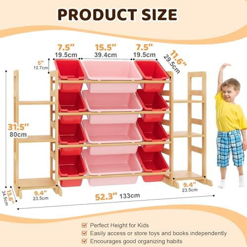 Large Toy Storage Organizer Kids Toy Organizer and Bookshelf Combo with 12 Bins and 6 Shelves Toy Organization Box Toy Shelf for Playroom, Bedroom, Nursery - Image 2