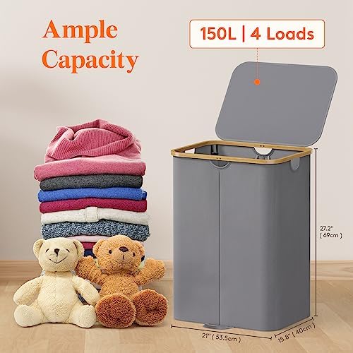 Lifewit 150L Double Laundry Hamper with Lid and Removable Bag, Gray - Image 2