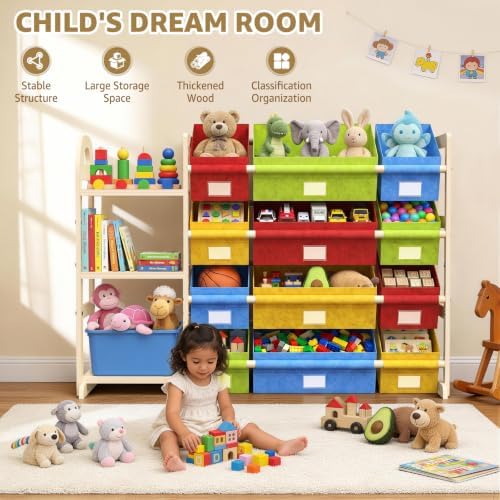 Toy Storage Organizer with 3 Shelves and 12 Bins, Bookshelf/Bookcase, Kids Bin Shelf, Toys Box for Playroom Organization for Bedroom & Room, 47.4" W (Four-color) - Image 6