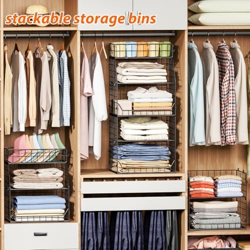Jakyitvi 5-Tier Stackable Closet Organizers and Storage with Small Basket for Hats,Closet Storage Basket with Adjustable Dividers and 4 hooks,Clothes Shelf Bins for Closet Organizer System,Black - Image 6