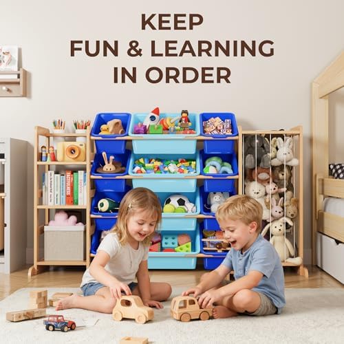Toy Storage Organizer with Bookshelf and Stuffed Animal Storage - Kids Playroom Organization with 3 Shelves and 12 Toy Bins - Toddler Living Room Toy Box for Lego - Nursery Bedroom Decor Essential - Image 2
