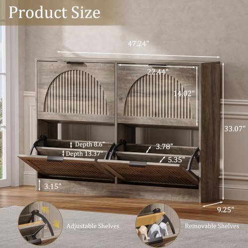 Fluted Shoe Storage Cabinet for Entryway, 4 Flip Drawers, Grey - Image 2