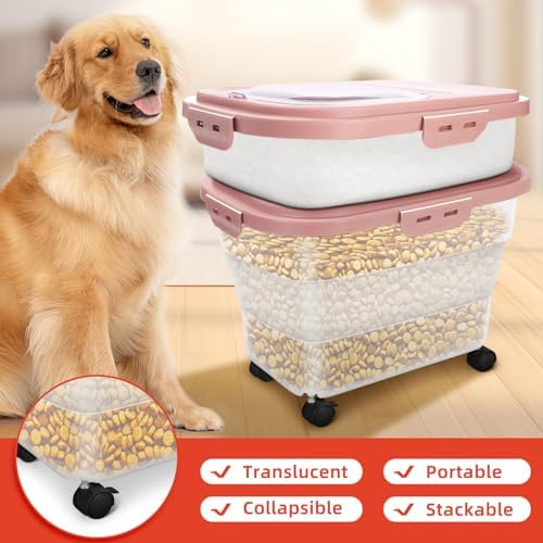 Airtight Pet Food Container, Collapsible Dog Food Storage Container 17-20 lb with Castors, Plastic Dog Food Bin with Pet Food Scoop & Measuring Cup for Dry Food Storage(red) - Image 2