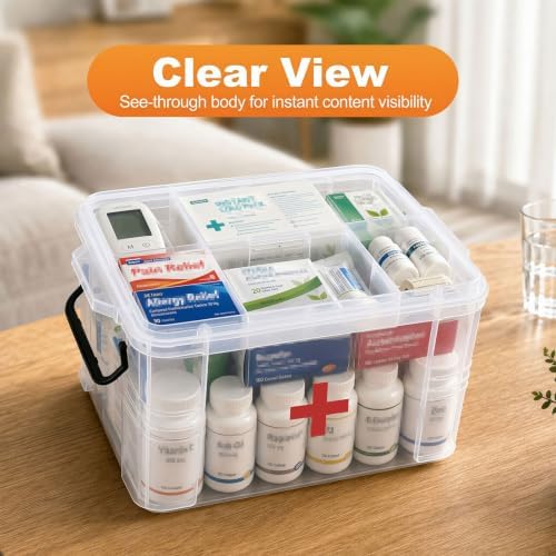 15QT Clear Medicine Organizer Box with Handle, Plastic Dorm Medicine Box with Tray, Empty First Aid Boxes, Thickened Medicine Storage Organizer, Multipurpose Medication Organizer Storage, Clear - Image 5