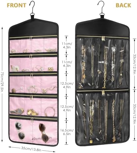 CHICECO Travel Jewelry Holder Organizer,Hanging Jewelry Organizer Storage with Zippered Pockets for Cloest,Jewelry Holder for Earrings, Necklaces (Pink Black) - Image 3