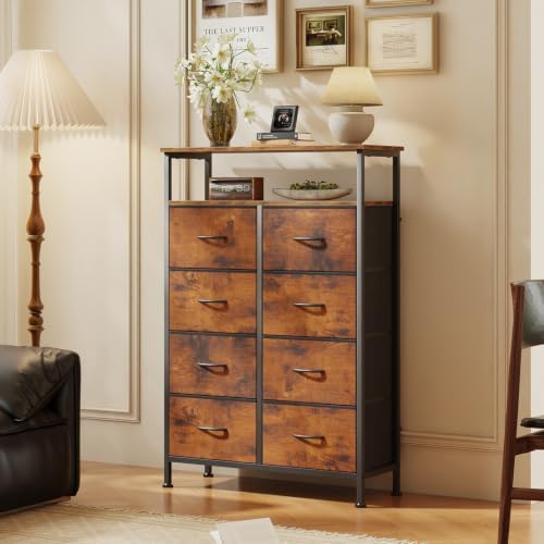 OLIXIS 8 Drawers Fabric Dresser, Raised Shelf Tall Chest of Drawers, Brown - Image 2