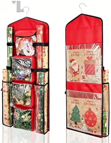 Hanging Wrapping Paper Storage Organizer, Double-Sided Gift Wrap Holder, 360° Rotating Gift Bag Storage Organizer for Your craft, Accessories, Gift Warp Supply, Wrap Ribbon and Stationery (Red) by Uawsyut