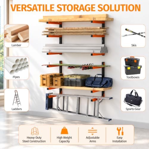 6 Pack Lumber Storage Rack Wall Mount, 1980LBS Heavy Duty Wood Rack- Orange - Image 5