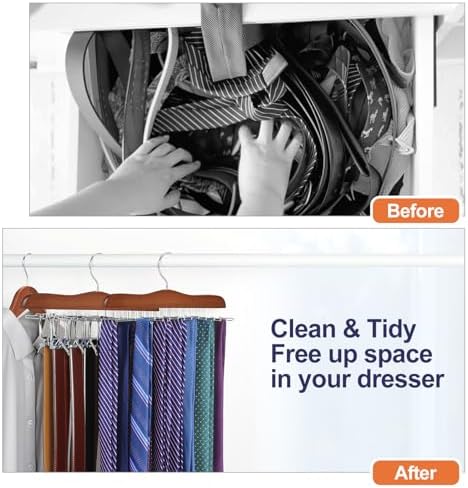 TOPIA HANGER Tie Rack Hanger for Closet 2 Packs, Wooden Tie Organizer for Men with 24 Folding Hooks, Space Saving Necktie Holder for Storage and Display Bra, Tank Top, Camisole (Walnut)-CT14WA-2 - Image 4
