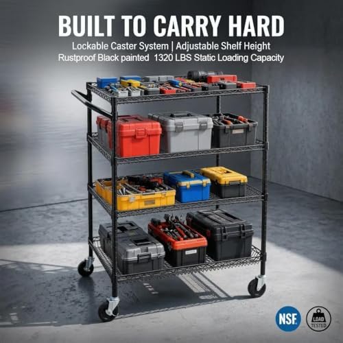 Finnhomy 4 Tier Heavy Duty Commercial Grade Rolling Cart with Handle Bar, Metal Wire Utility Cart with Wheels, Shelf Size 18" D x 30" W, NSF Listed, Black - Image 4