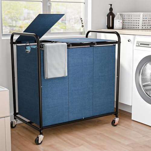 180L Laundry Sorter 3 Section, Rolling Laundry Basket with Wheels and Lid by OLLDIDE