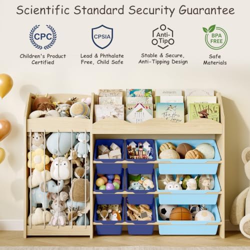 EXPERLAM Kids Toy Organizer, Scalloped Shelf, Plush Holder, 12 Blue Bins - Image 5