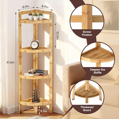 2026 New Bamboo Standing Shelf, 4 Tier Corner Shelf Stand, Free-Standing Shelf Units, Triangular Curved Corner Shelf Stand for Space-Saving Display Ideal for Bathroom/Kitchen/Living Room Storage - Image 2