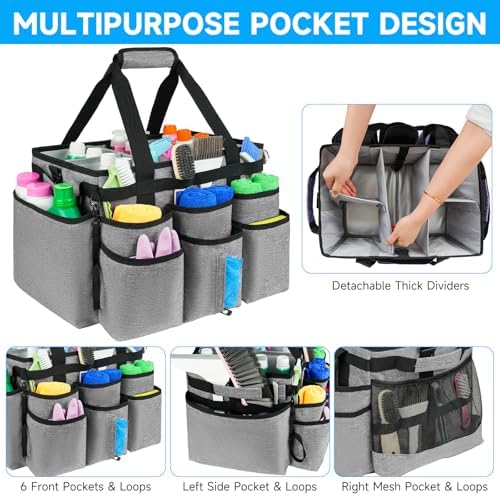 Large Rolling Cleaning Caddy Bag with Detachable Trolley,Cleaning Cart on Wheels with Shoulder Strap,Cleaning Supplies Organizer for Housekeepers,Gray - Image 3