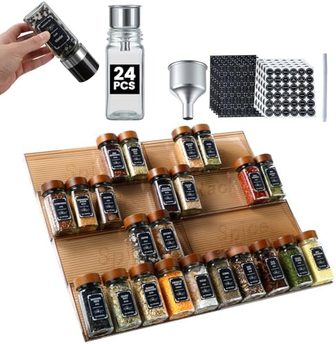 2 Pack Spice Rack with 24 Spice Jars, 4OZ Wood Lid Spice Containers with Expandable Spice Organizer Shelf, Spice Labels, Pepper Grinder Lids, Chalk Marker & Funnel Set for Drawer Kitchen Countertop by Agotglmi