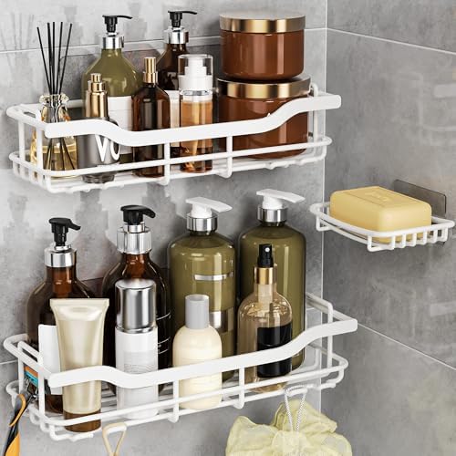 OMAIRA 3-Pack Shower Caddy with Soap Holder, Adhesive Rustproof No-drill Strudy Loading Inside Shower Organizer Shelves Rack Storage Bathroom Organization for Smooth Wall Glass Tile, White (XX-Large) by OMAIRA