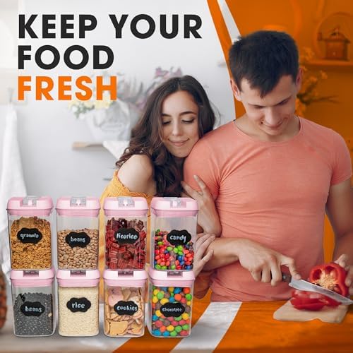 Set of 8 Airtight Food Storage Containers - Pantry Organizer Bins, BPA Free Plastic Containers plus Dry Erase Marker and Labels, Pink - Image 2
