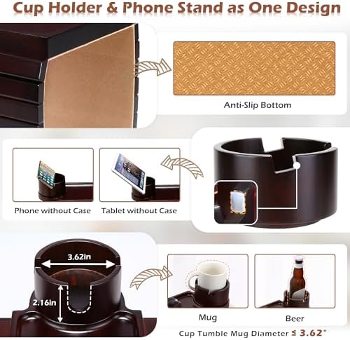GHKINMAL Couch Cup Holder Tray,Sofa Clip on Arm Table,Black Walnut-Bamboo - Image 6
