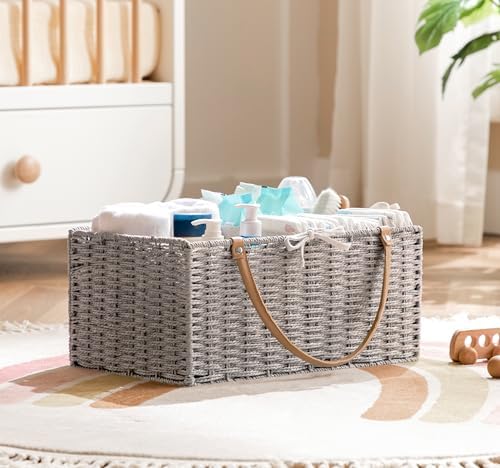 HBlife Large Baby Diaper Caddy Organizer, Paper Rope Storage Baskets Nursery Bin with Removable Divider, Portable Car Organizer for Diapers, Baby Shower Gifts, Newborn Essentials Must Haves - Image 5