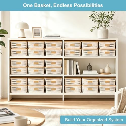 Bagnizer 4 Pack Plastic Storage Bins with Bamboo Lids, 6.2qt Stackable Storage Organizer Box with Lable for Pantry Shelves Drawers Desktop Office, 12"L x 8.3"W x 3.5"H, Cream White - Image 6