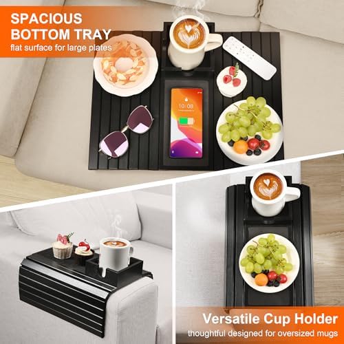 Joy&Grace Sofa Armrest Tray with Large Mug Holder, Bamboo Couch Arm Tray, Anti-Slip Couch Cup Holder Foldable Sofa Arm Table for Eating Drinks Cellphone (Color Black) - Image 5