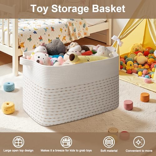 OIAHOMY 108L Extra Large Blanket Basket, 25”x16”x16” Rectangle Woven Cotton Rope Baskets for Living Room, Toy Storage with Handle- Light Yellow & White - Image 5