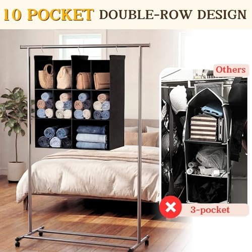 3 Tier Hanging Closet Organizer, 10 Compartments Dual Row Storage, Black - Image 4