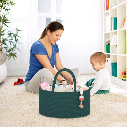 COMSE Baby Diaper Caddy Organizer with Handles, Cotton Rope, Dark Green - Image 3