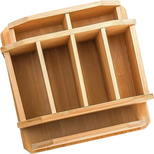 yarlung Bamboo Rotating Remote Control Holder for Table, 7 Compartments Office Supplies Organizer 360° Spinning Desktop Storage Caddy for Pen, Colored Pencil, Book Sewer, Sticky Notes - Image 5
