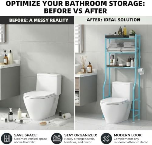 GloTika 3-Tier Over Toilet Storage Cabinet, No Drilling, 64" H, Blue - Image 7