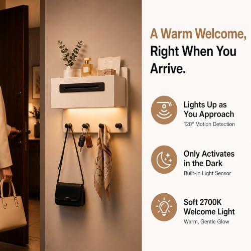 Wall Mounted Entryway Organizer with Drawer, Storage Shelf, Light and Coat Hooks, Entryway Drop Zone for Keys, Mail and Bags, Matte Warm White - Image 4
