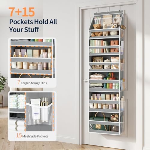 Yecaye 7 Tier Over the Door Organizer, Large Capacity Door Organizer Hanging with Clear PVC Windows, Behind the Door Storage for Bedroom Nursery Closet Laundry Pantry Bathroom, Grey - Image 4