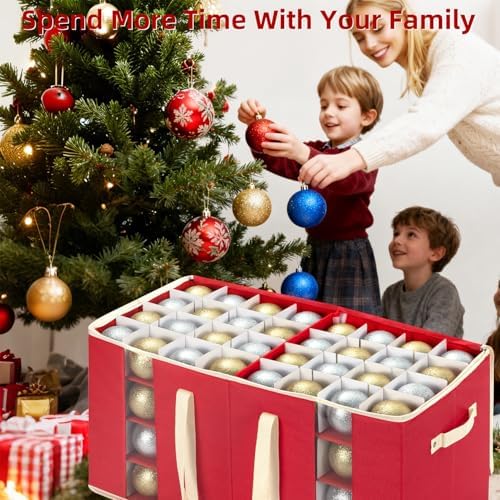 inin Christmas Ornament Storage Box with Adjustable Dividers,Christmas Ornaments Organizer with Zipper,Storage Container Bin with Side Pockets for Holiday Decorations(128 Ball, Red, without Tray) - Image 4