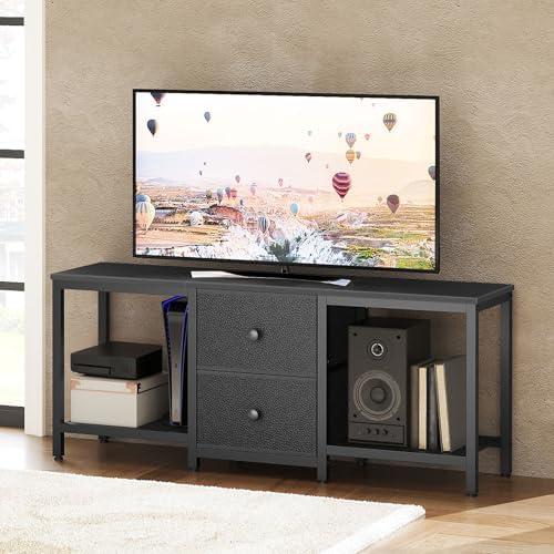 YATINEY TV Stand for TVs up to 55", Entertainment Center with 2 Fabric Drawer, Media Console with Shelves, Television Stands for Living Room, Bedroom, Black DS02BB - Image 3