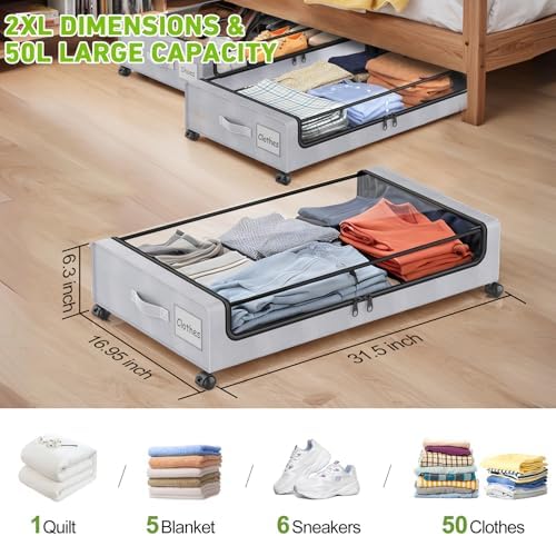 Molutsody Under Bed Storage with Wheels, 2-Pack Underbed Storage Containers with Clear Lids, Under Bed Shoe Storage Organizer Bins, Rolling Under Bed Storage for Clothes Shoes Blankets (Grey) - Image 2