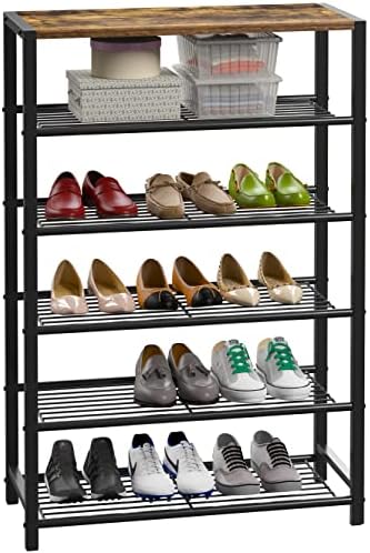 Yusong Shoe Rack Organizer, 6 Tier Industrial Shoe Storage Shelf, Narrow Sturdy Metal Shoe Shelves for Closet Entryway, Rustic Brown by Yusong