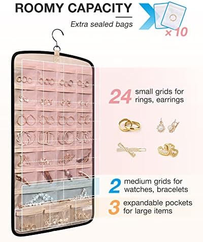 BAGSMART Hanging Jewelry Organizer, Necklace Holder Anti-tangle Earrings Rings Hanger with 10 Jewelry Bags Travel Storage Roll with Pockets Hang on Closet, Wall, Door,1 Piece, Small, Black - Image 3