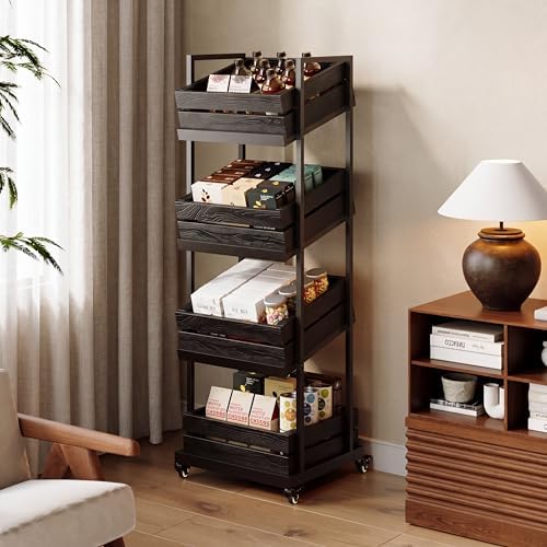 LITTLE TREE 4-Tier Basket Stand with Locked Wheels, Mobile Fruit and Vegetable Storage, Floor Stand Rack, Utility Shelf, for Kitchen, Living Room, Pantry (Black, 2) - Image 4