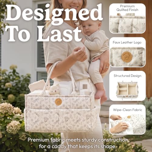 Floral Diaper Caddy Organizer - Portable Diaper Caddy with Handles & Removable Dividers - Large & Quilted Nursery Storage Basket for Girls - Woodland Nursery Decor & Wildflower Gift for Baby Shower - Image 4
