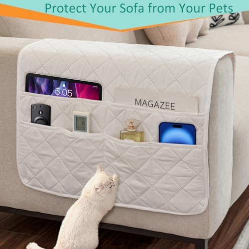 Armchair Caddy Remote Control Holder Sofa Organizer, Non-Slip Couch Arm Chair Caddy with 6 Pockets for Tablets,Smart Phone,Books,Pens,Magazines,Ipad (Off-White) - Image 5